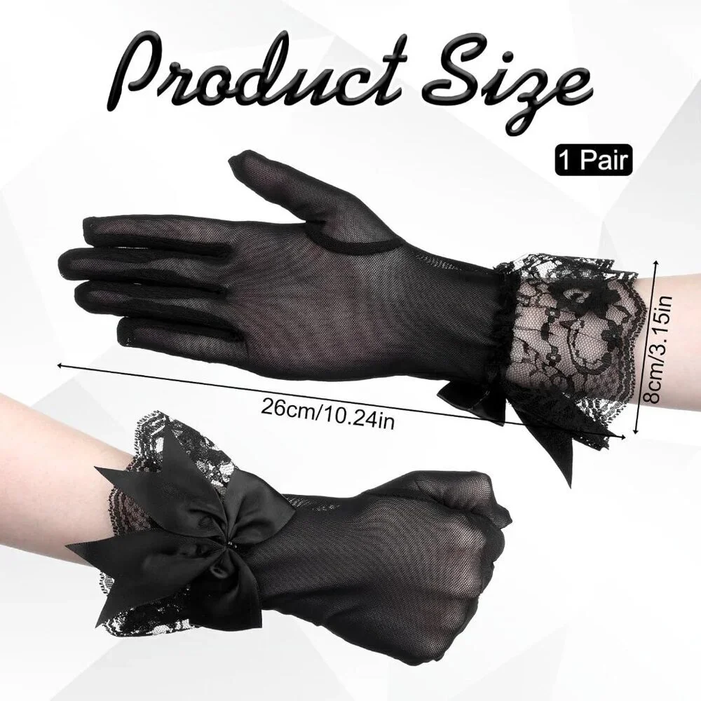 Women's Halloween Evening Black Elegant Ruffled Floral Short Bow Lace Gloves